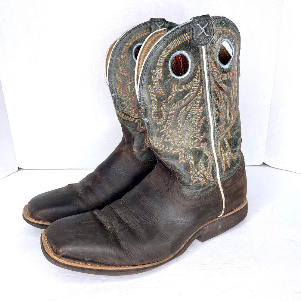 Men's Twisted X Brown & Green Leather Square Toe Western Cowboy Boots Sz 10.5 EE
